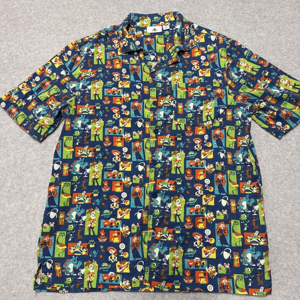 Disney Parks Shirt Mens M Blue Pixar Character Hawaiian Short Sleeve Button Up